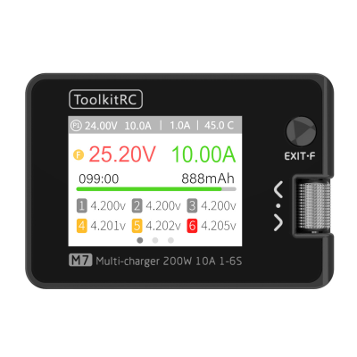 Зарядний пристрій ToolkitRC M7 200Вт, тип АКБ LiPo, LiHv, Li-ion, NiMh, LiFe, Pb, USB iнтерфейс, XT60, вхiд 7-35В, вага 90г, без БЖ