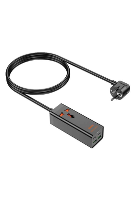 Мережевий фільтр HOCO AC10A на 1 розетку + 2 USB + 2 USB-C, 65W, кабель 1,5 м, 220В, Black, Box