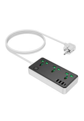 Мережевий фільтр HOCO AC7A на 3 розетки + 3 USB+USB-C, 17W, 220В, кабель 1,5м, Black/White, Box