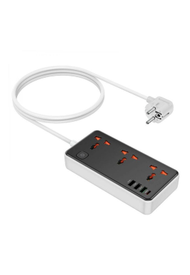 Мережевий фільтр HOCO AC8A на 3 розетки + 3 USB+USB-C, 30W, 220В, кабель 1,5м, Black/White, Box