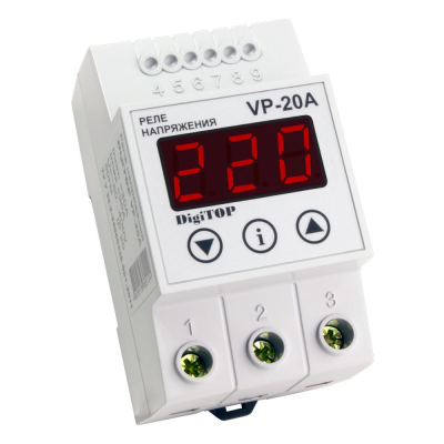 Захисне реле напруги однофазне VP-20A на DIN-рейку, 20А, 4400Вт, 120-270В, тримодульне з індикатором напруги (червоний)