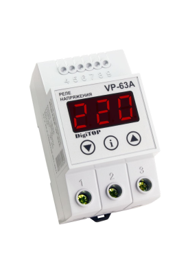 Захисне реле напруги однофазне VP-63A на DIN-рейку, 63А, 13500Вт, 120-270В, тримодульне з індикатором напруги (червоний)