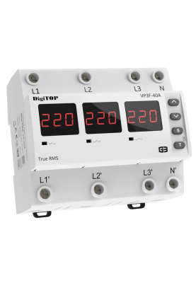Реле напруги дворежимне одно/трифазне VP-3F40А M6R на DIN-рейку, 3*40А, 3*8500Вт, 120-270В, шестимодульне з індикатором напруги (Червоний)