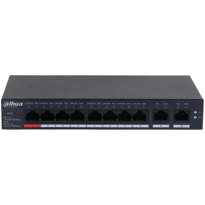 8-портовий гігабітний керований PoE комутатор DH-CS4010-8GT-110 з 8 портами POE 1000Мбіт + 2 порти UP-Link 1000Мбіт, 190x106x30 мм