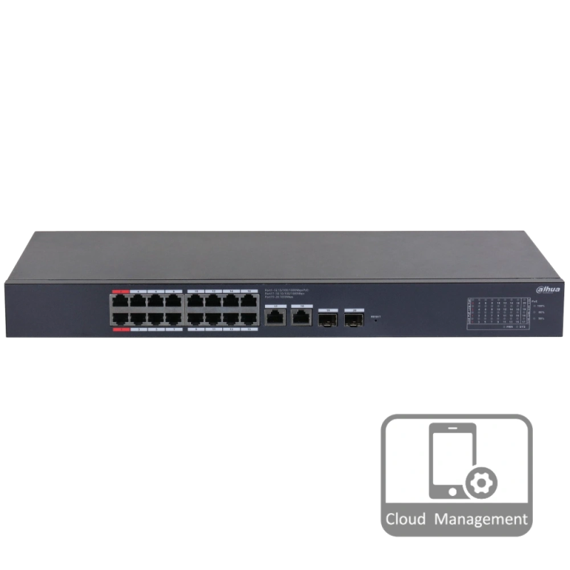 16-портовий гігабітний керований PoE комутатор DH-CS4220-16GT-190 з 16/POE 100Мбіт + 2/UP-Link 1000Мбіт + 2/SFP 1000Мбіт, 440x220x44 мм