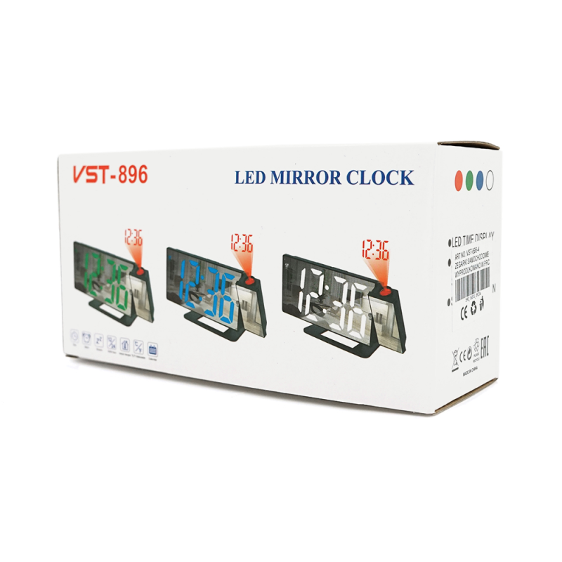Електронний годинник VST-896 Дзеркальний дисплей, з датчиком температури та вологості, будильник, живлення від кабелю USB, Green