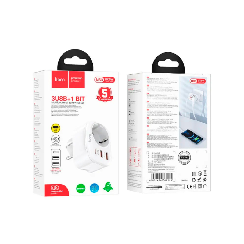 Мережевий фільтр HOCO NS3 на 1 розетка + 2 USB + USB-C, 20W, 220В, White