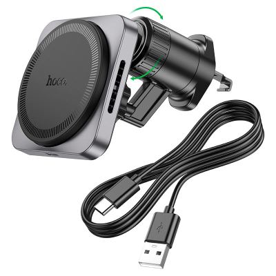 Автотримач HOCO HW15+ Wireless Charging 15W, кріплення на решітку, магніт, Black, Box