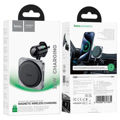 Автотримач HOCO HW15+ Wireless Charging 15W, кріплення на решітку, магніт, Black, Box