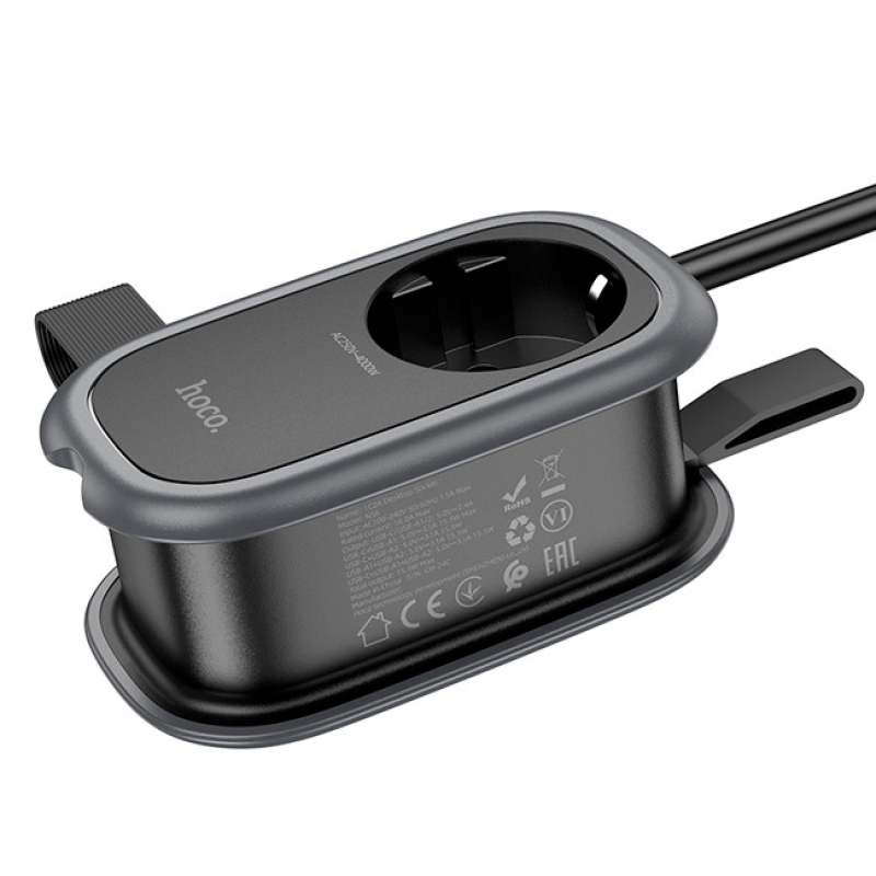 Мережевий фільтр HOCO NS6 на 1 розетку + 2 USB + USB-C, 30W, кабель 1.1м, 220В, Black, Box