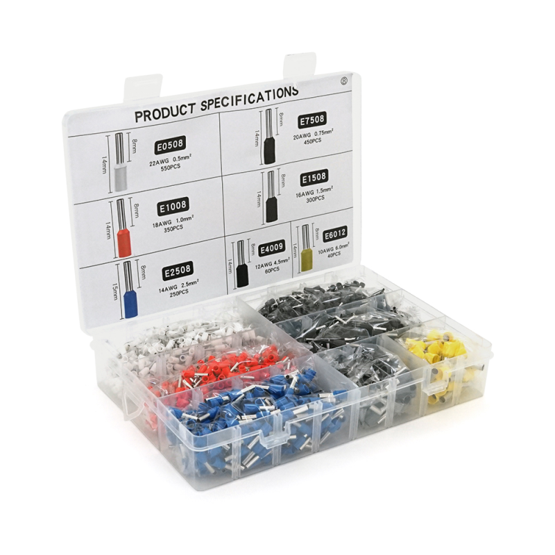 Набір клем/наконечників 2000/24шт (E0508w-550 E2508b-250,E1008r-350,E1508bl-300,E4009gr-60,E7508gr-450,E6012y-40) у боксі