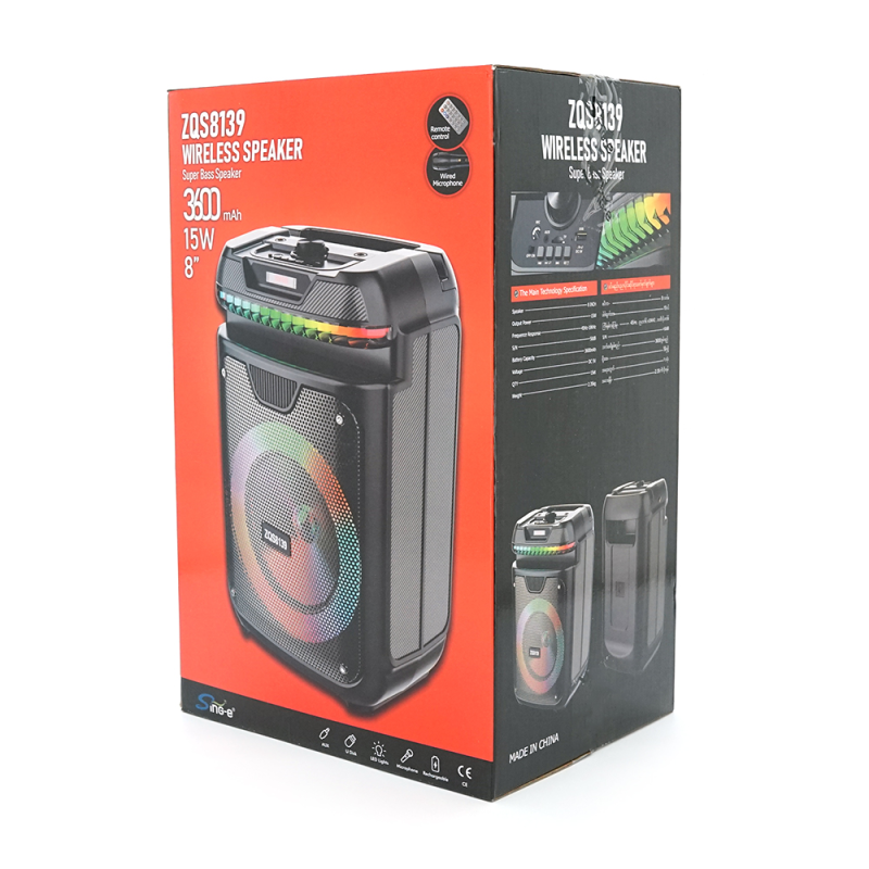 Акустична система з підсвічуванням ZQS8139, 15W, вбудований акум 3600mAh, живлення від USB кабелю, Black, Box