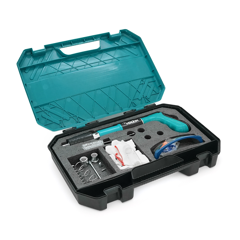 Пістолет будівельно-монтажний Yike-mini для цвяхів діаметром 7,3мм(піроксилінових), три насадки, захисні окуляри, рукавички, валіза, Green