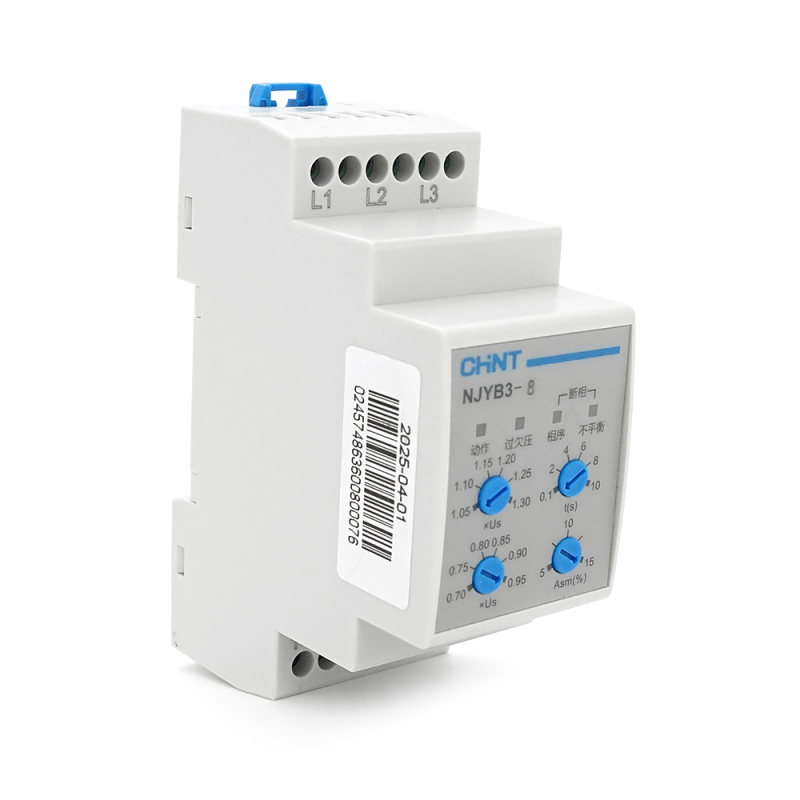 Реле контролю фаз CHINT NJYB3-8 AC380V, 3F3P, Захист U+(1,05~1,3)*Us/U-(0,7~0,95)*Us,Затримка 0,1~10с,Захист обриву/послідовності фаз/баланс5-15%,Ue2 Ie0.75/0.47, 1CO+1NO