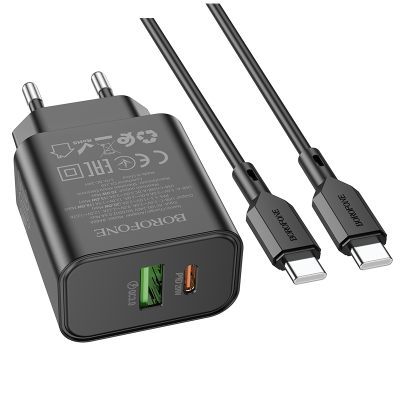Набір BOROFONE BA88A СЗУ USB+Type-C+ кабель Type-C, PD20W+Q3.0, 1м, Black, Blister
