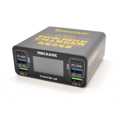 Зарядні станція з цифровою індикацією MECHANIC F-Power 6P, 2*PD3.1-5В3А, 9В3А, 12В3А, 15В3А, 20В2,25А, 2*QC-3.2*USB-A. 220V/87W. 197*151*68mm