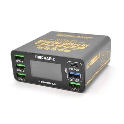 Зарядні станція з цифровою індикацією MECHANIC F-Power 6S, PD3.1-5В4А, 9В2.2A, 12В1.67А, 15В3А, 20В2,25А, QC-3 .4*USB-A. 220V/50W. 197*151*68mm