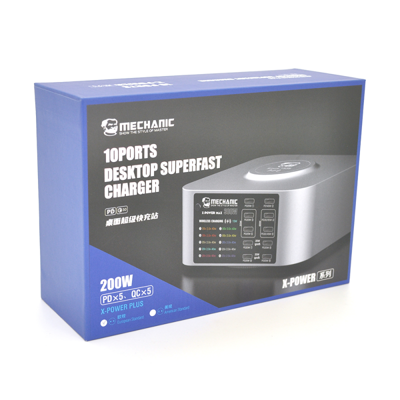 Зарядна станція з індикацією LED MECHANIC X-Power Plus, 5*PD3.1-65W, 5*QC3.0-30W,5В3А,9В2.2A,12В1.67А. Wireless Charging15W, 220V/200W, 119×119×60mm