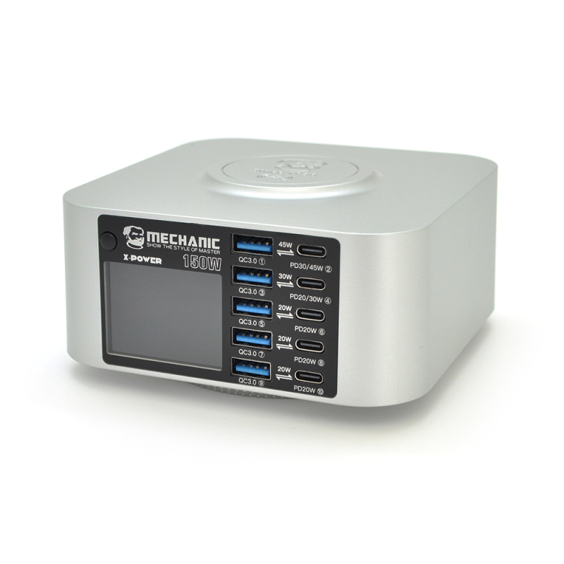 Зарядна станція з індикацією LED MECHANIC X-Power Plus, 5*PD3.1-65W, 5*QC3.0-30W,5В3А,9В2.2A,12В1.67А. Wireless Charging15W, 220V/200W, 119×119×60mm