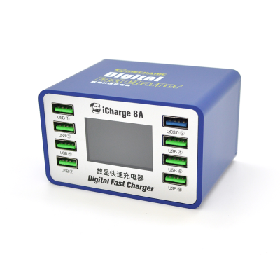 Зарядна станція з цифровою індикацією MECHANIC iCharge 8A, 7*USB-A, QC3.0-5В3А,9В2A,12В1.5А, 220V/45W.134*105*65mm