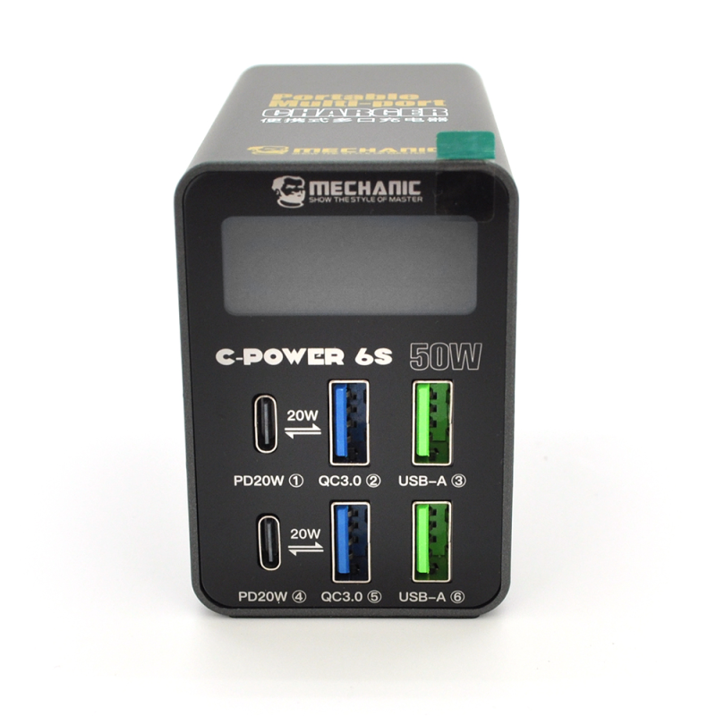 Зарядна станція з цифровою індикацією MECHANIC C-Power 6S, 2*USB-A, 2*QC3.0-5В3А,9В2A,12В1.5А, 2*PD3.1-5В3А,9В2.22A,12В1.67А, 220V/50W.150*100*50mm