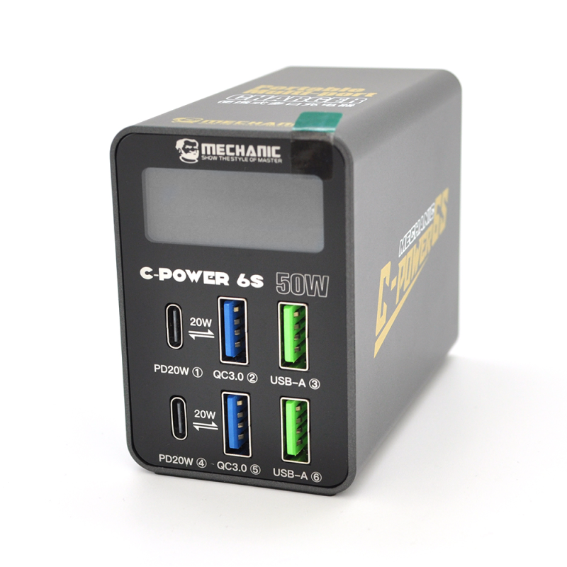 Зарядна станція з цифровою індикацією MECHANIC C-Power 6S, 2*USB-A, 2*QC3.0-5В3А,9В2A,12В1.5А, 2*PD3.1-5В3А,9В2.22A,12В1.67А, 220V/50W.150*100*50mm