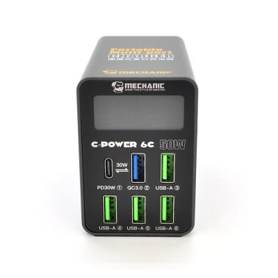 Зарядна станція з цифровою індикацією MECHANIC C-Power 6C, 4*USB-A, 1*QC3.0-5В3А,9В2A,12В1.5А, 1*PD3.1-5В3А,9В2.22A,12В1.67А, 220В/50Вт.150*100*50мм