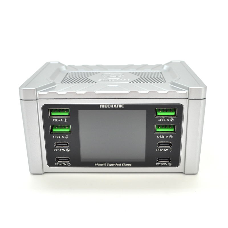 Зарядна станція з цифровою індикацією MECHANIC V-Power 8S, 4*USB-A, 4*PD3.1-5В3А,9В2.22A,12В1.67А, 220V/115W.114*60*84mm