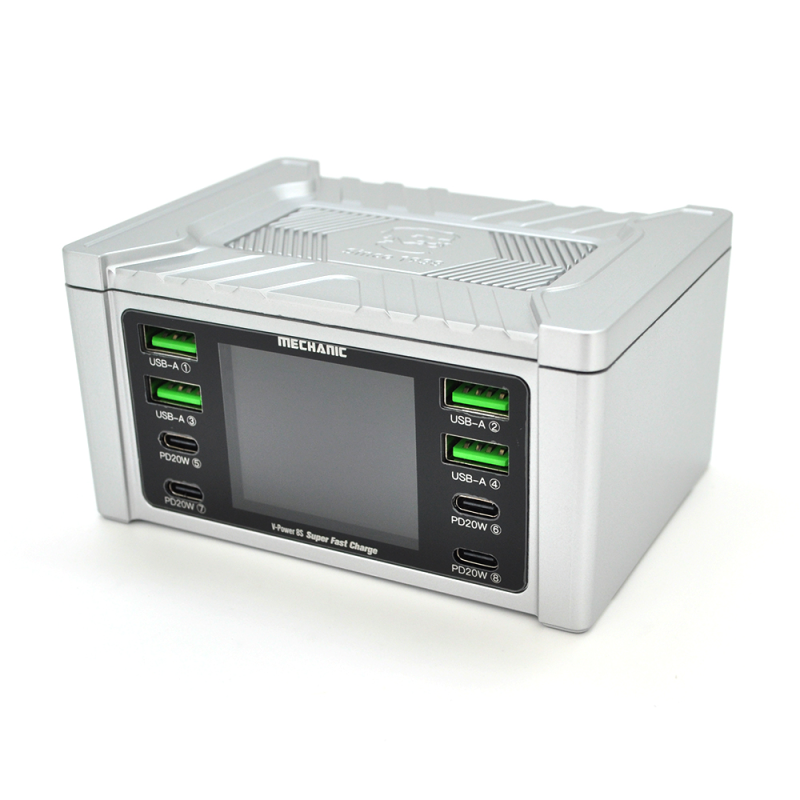 Зарядна станція з цифровою індикацією MECHANIC V-Power 8S, 4*USB-A, 4*PD3.1-5В3А,9В2.22A,12В1.67А, 220V/115W.114*60*84mm