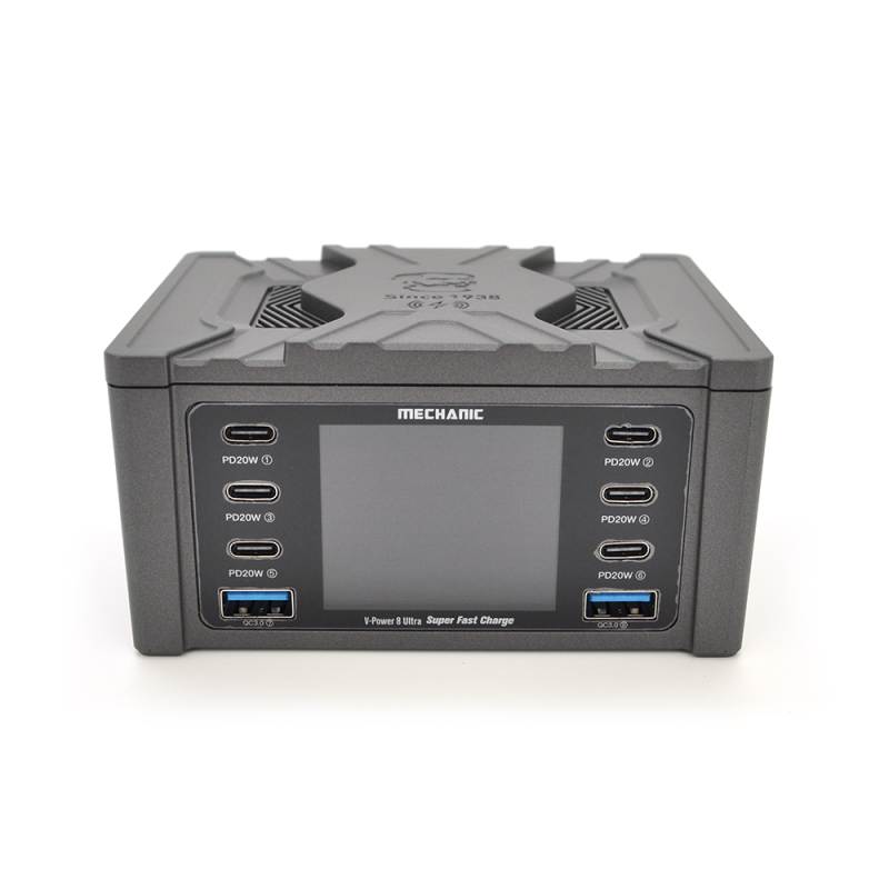 Зарядна станція з цифровою індикацією MECHANIC V-Power 8 Ultra, 2*QC3.0-5В3А,9В2A, 6*PD3.1-(5В/9В/12В/15В)3А,20В2,25A, 220В/160Вт. 114*60*84мм