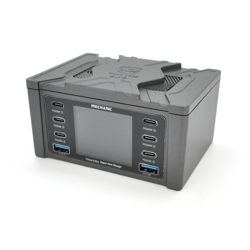 Зарядна станція з цифровою індикацією MECHANIC V-Power 8 Ultra, 2*QC3.0-5В3А,9В2A, 6*PD3.1-(5В/9В/12В/15В)3А,20В2,25A, 220В/160Вт. 114*60*84мм