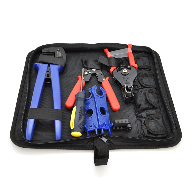 Набір інструментів YRO SITK9 для монтажу сонячних систем, 9 предметів, зачищення, обтискання, викрутки, ключі для роз'ємів. чохол на змійці