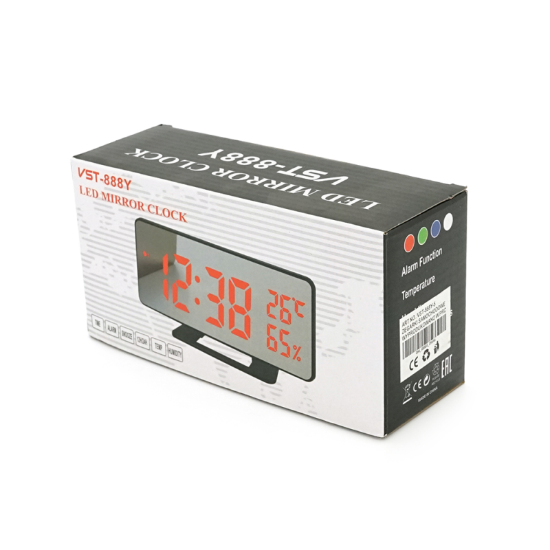 Електронний годинник VST-888Y Дзеркальний дисплей, з датчиком температури та вологості, будильник, живлення від кабелю USB, Blue
