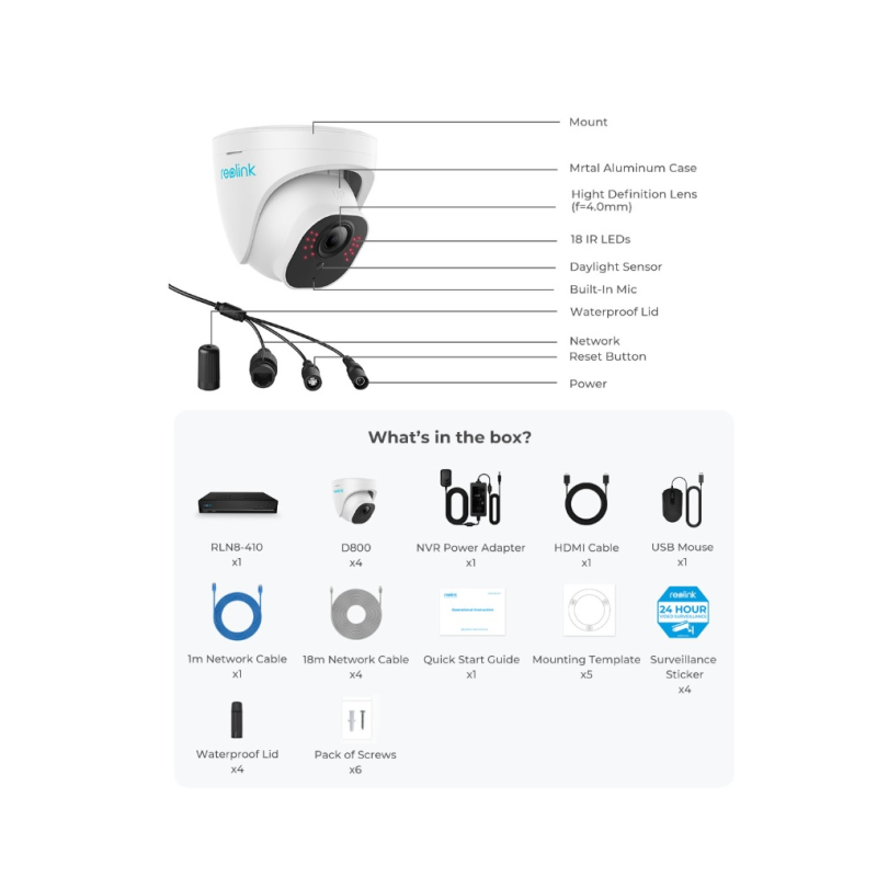 Комплект відеоспостереження з 4 вуличними/купольними 8МП POE камери Reolink RLK8-800D4-A-V2 (4 вуличні POE камери, POE відеореєстратор з HDD 2TB)