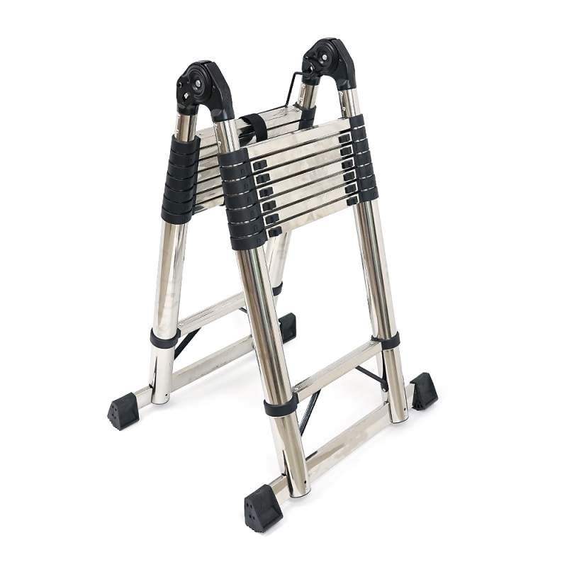 Сходи телескопічні 3.7м подвійна 9+9 ступенів, нержавіюча сталь, до 150кг, ширина 46см, вага 26.3кг, Box