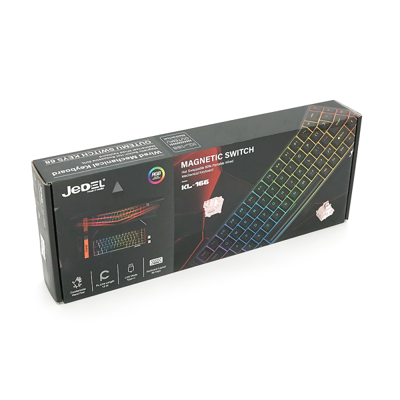 Клавіатура механічна USB JEDEL KL-166, довжина кабелю 170см, RGB підсвічування, (Eng/Укр/Рус), (370х140х55 мм), Black, 68к, Q10
