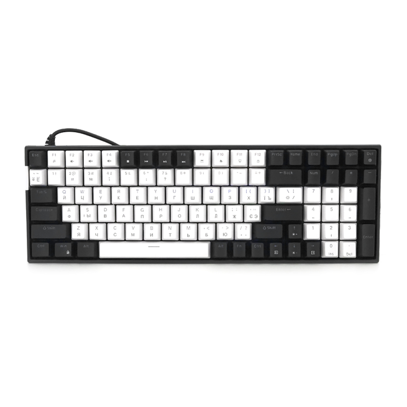 Механічна клавіатура USB XSTRIKE XS-1030, довжина кабелю 150см, RGB підсвічування, Eng/Укр/Рус, 395х150х45 мм, Black/White, 100к, Q20