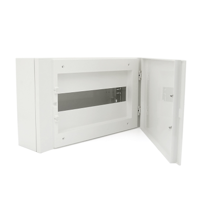 16-ти модульний щиток, навісний, 410х227х114мм, пластиковий, непрозорі білі дверцята, об'єднання ящиків горизонтальне/вертикальне.