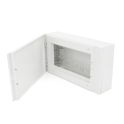 16-ти модульний щиток, навісний, 410х227х114мм, пластиковий, непрозорі білі дверцята, об'єднання ящиків горизонтальне/вертикальне.