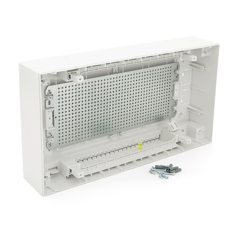 Мультимедійний 16-ти модульний щиток, навісний, 410х227х114мм, пластиковий, прозорі темно-сірі дверцята, об'єднання ящиків горизонтальне/вертикальне