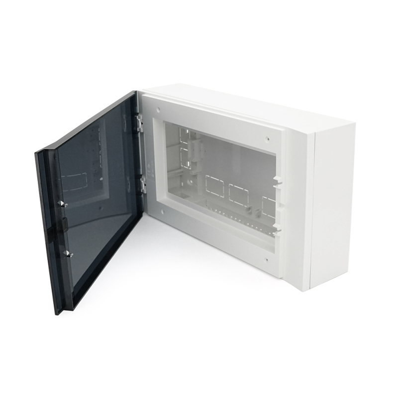 Мультимедійний 16-ти модульний щиток, навісний, 410х227х114мм, пластиковий, прозорі темно-сірі дверцята, об'єднання ящиків горизонтальне/вертикальне