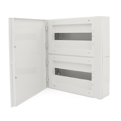 32-х модульний щиток, навісний, 410х454х114мм, пластиковий, непрозорі білі дверцята, об'єднання ящиків горизонтальне/вертикальне