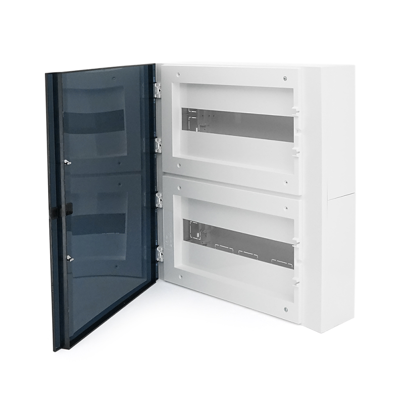 32-х модульний щиток, навісний, 410х454х114мм, пластиковий, прозорі темно-сірі дверцята, об'єднання ящиків горизонтальне/вертикальне