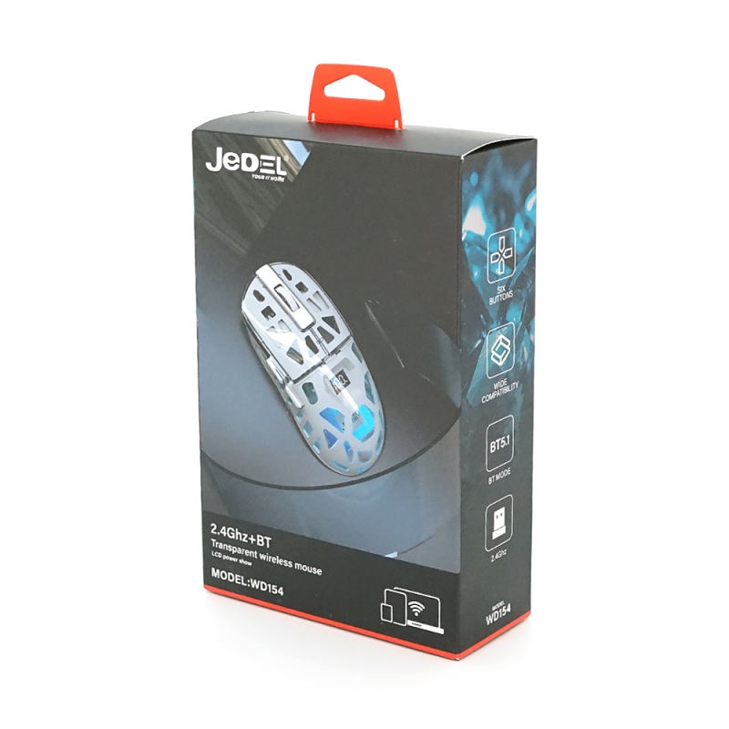 Миша бездротова JEDEL WD154, 800/1200/1600DPI, 2.4 GHz+Bluetooth 5.0, 3.7V 300mAh, LED-підсвічування + індикатор рівня заряду. 127x64x40 мм. Black. Box