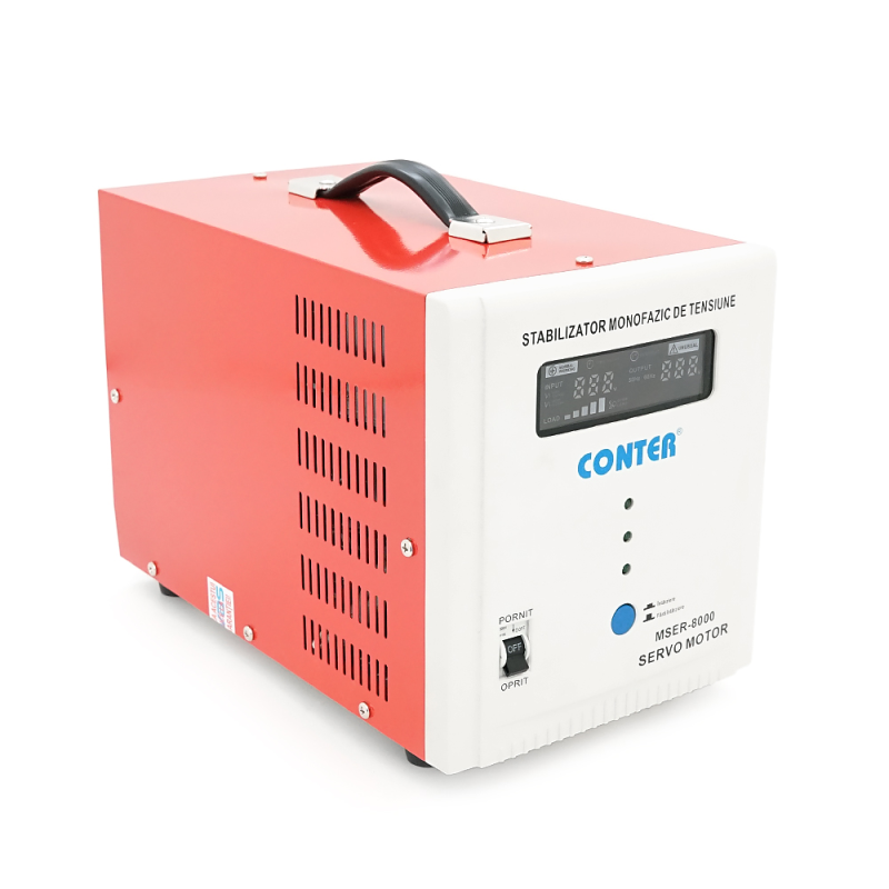 Стабілізатор напруги Conter MSER 8000 VA-V2/6000W однофазний, сервопривід, монтажу підлоги, LED дисплей, діапазон 130-260V, AC230±3%, 2*Shuko