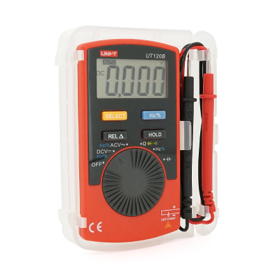 Мультиметр UNI-T UT120B: вимірювання V A Ω C Hz °C. Функції True RMS продзвінку тест діодів перевірка транзисторів. Габарити 110×58×11 мм