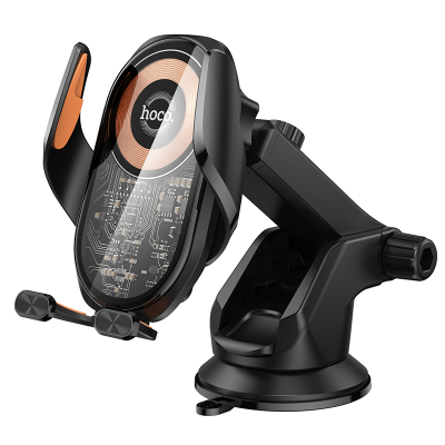 Автотримач HOCO HW34+ Wireless Charging 15W, кріплення на присосці, затискач 50-90мм, Black, Box
