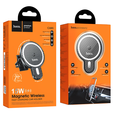Автотримач HOCO СА85+ Wireless Charging 15W, кріплення на решітку, магніт, Black, Box