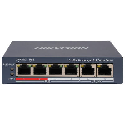 6-портовий некерований POE комутатор Hikvision DS-3E0106P-E/M(B) , 4 POE×100 Мбіт/с + 2 RJ45×100 Мбіт/с