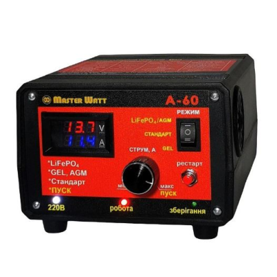 Пуско-зарядне ЗУ для LiFePO4 акумуляторів PZU А-60 12V (20-800Ah) (MF, AGM, GEL, CA/CA, LiFePO4) 60А, 160-245V